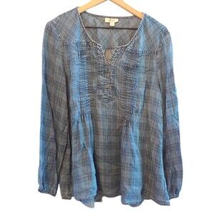 Style & Co Plaid Chambray Lyocell Long Sleeve Top